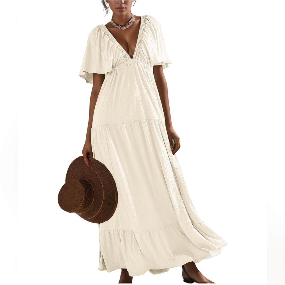 Women’s Cream Maxi Dress with Flutter Sleeves